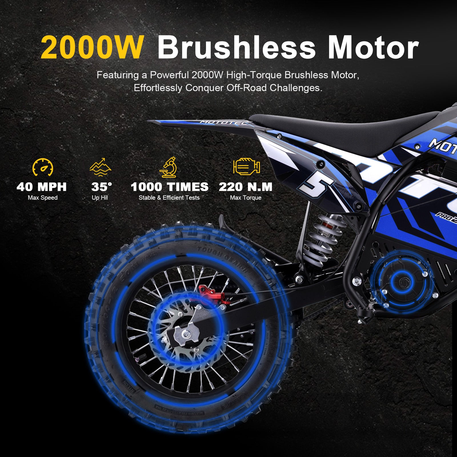 MotoTec 60v 2000w Pro Electric Dirt Bike Lithium Blue
