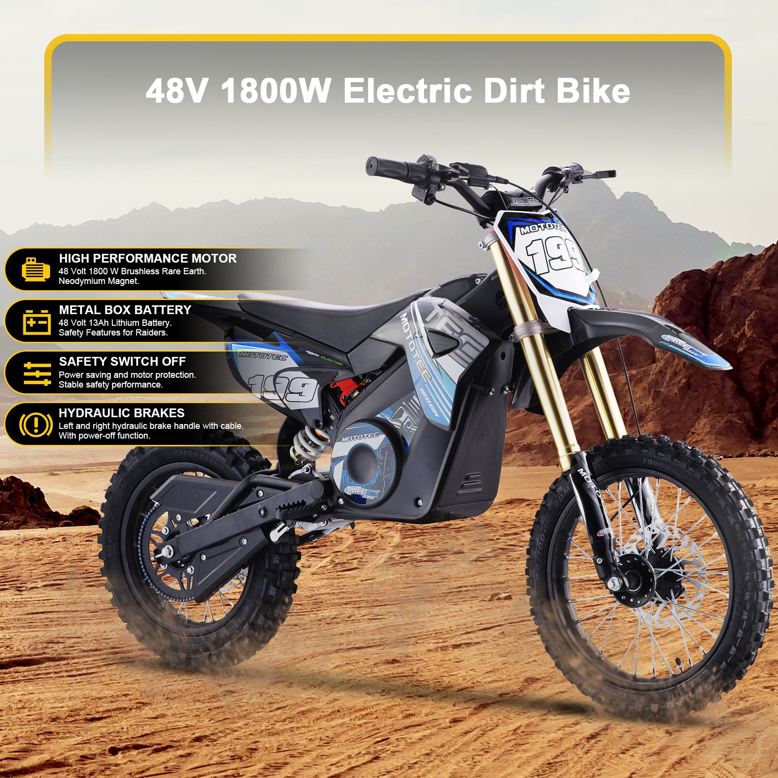MotoTec 48v 1800w Pro Electric Dirt Bike Lithium Orange
