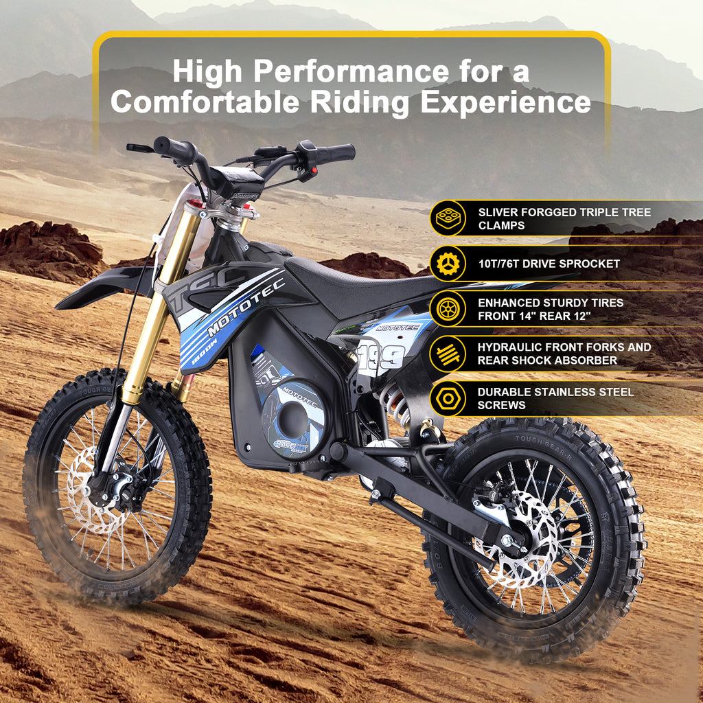 MotoTec 48v 1800w Pro Electric Dirt Bike Lithium Blue