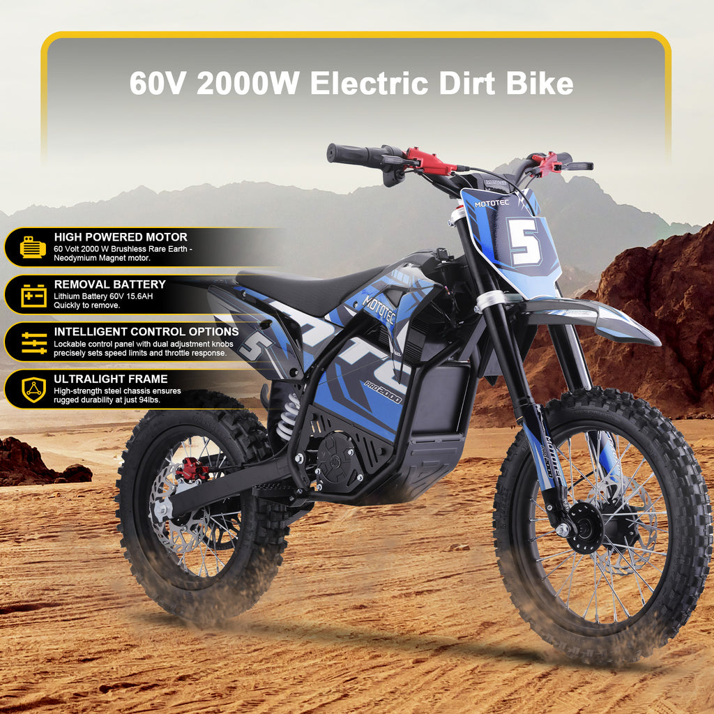 MotoTec 60v 2000w Pro Electric Dirt Bike Lithium Blue (HP115E)